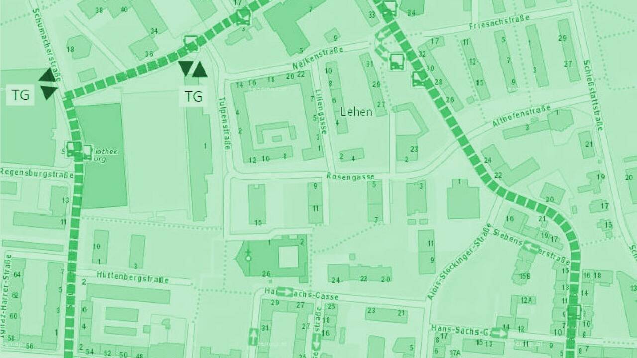 Superblock Schumacherstraße/Siebenstädterstraße: Das flächenmäßig größte infrage kommende Gebiet befindet sich im Stadtteil Liefering und grenzt im Süden an die Lehener Hauptstraße als wichtige Verkehrsachse. TU Wien (3) 