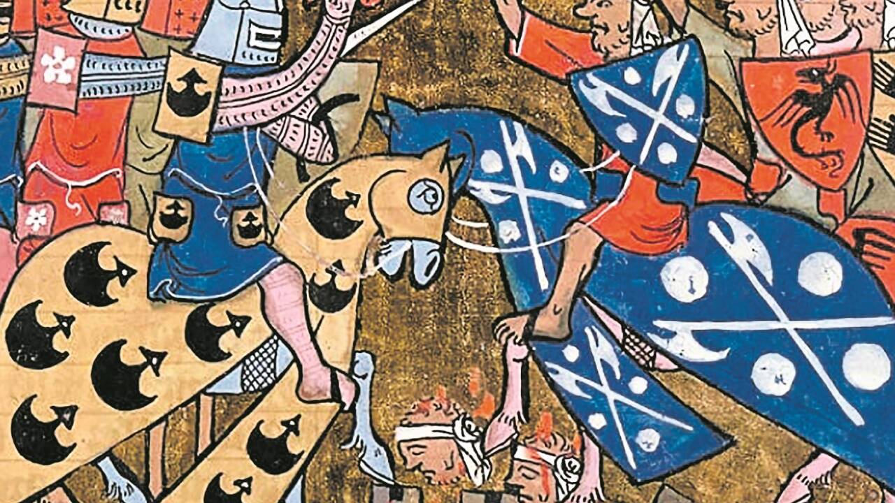 Kreuzritter in der Schlacht. „Gott will es.“  