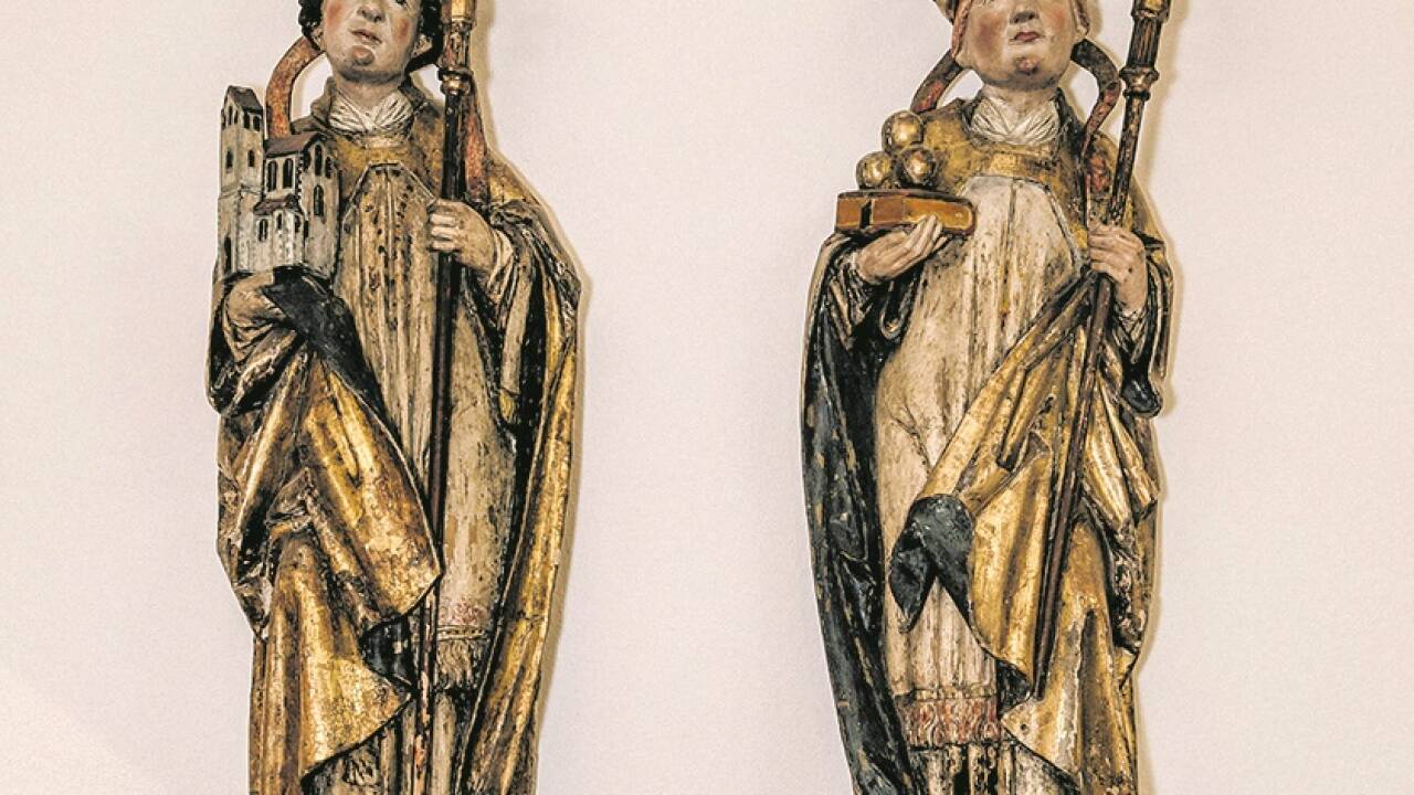 Wolfgang von Regensburg sowie Nikolaus von Myra, beide Tirol, um 1480, aus der Sammlung von Kuno Mayer.  