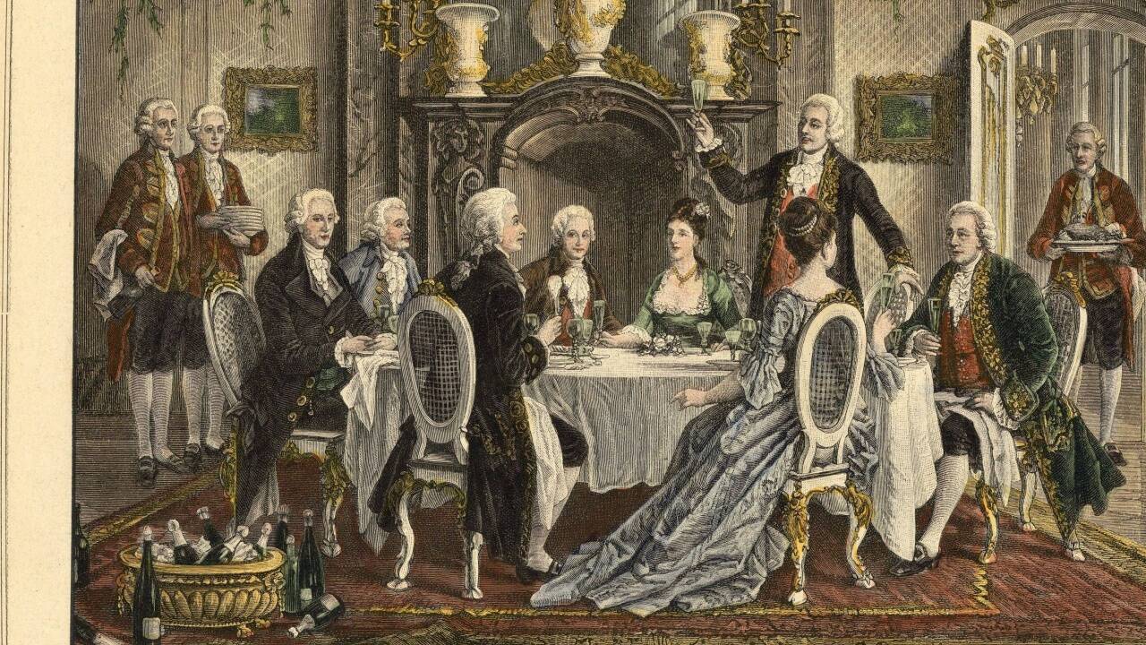 Eine Festtafel zu Ehren Mozarts bei Schikaneder: kolorierter Holzstich nach einem Gemälde von August Borckmann, Berlin, 1879. Eine Festtafel zu Ehren Mozarts bei Schikaneder: kolorierter Holzstich nach einem Gemälde von August Borckmann, Berlin, 1879.