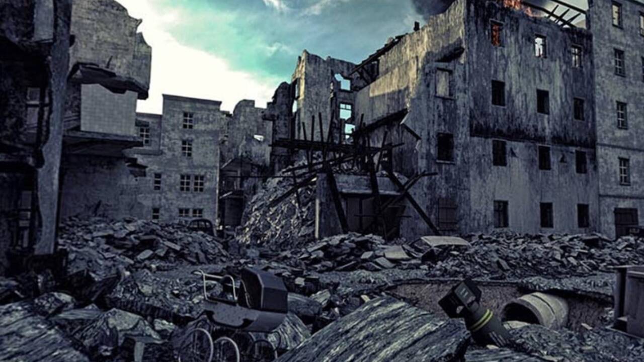Die völlig zerstörte Pfeifergasse nach einem Angriff im Zweiten Weltkrieg. 