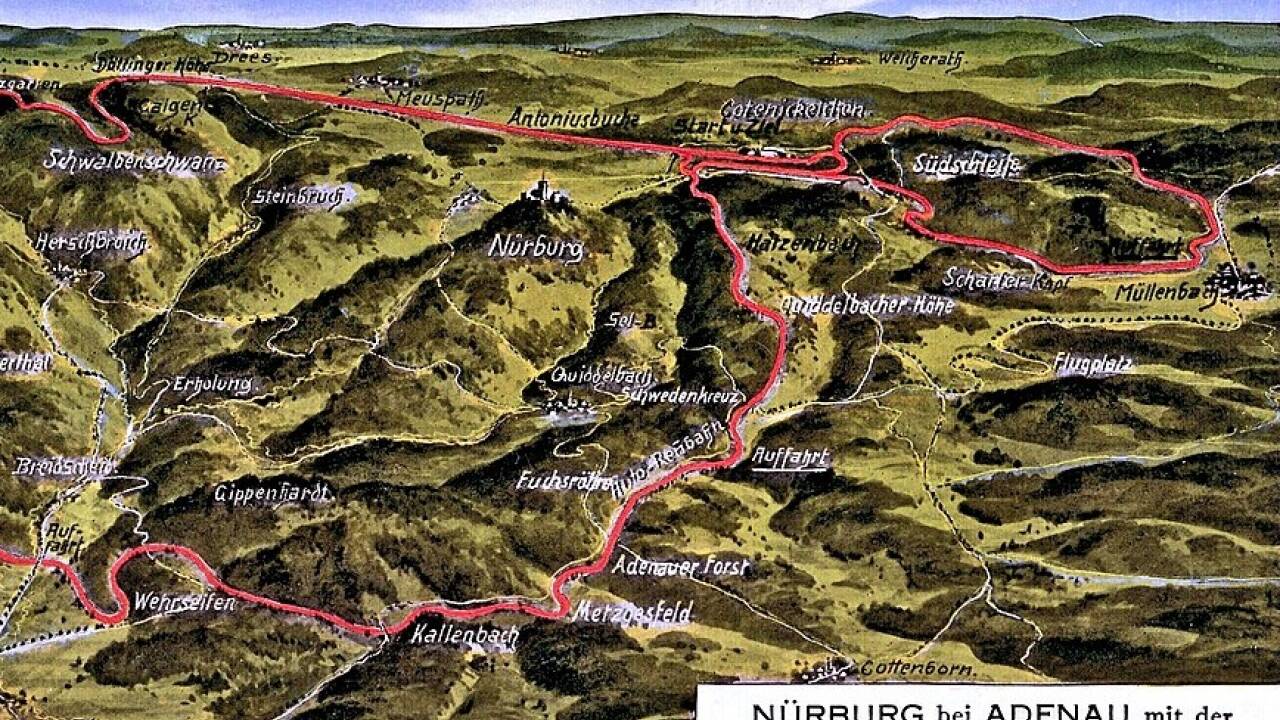 1927: Der Nürburgring wird als Versuchs- und Prüfungsstrecke eröffnet. (Im Bild: Der Nürburgring aus der Vogelschau 1927, Karte von Eugen Felle)  1927: Der Nürburgring wird als Versuchs- und Prüfungsstrecke eröffnet. (Im Bild: Der Nürburgring aus der Vogelschau 1927, Karte von Eugen Felle)