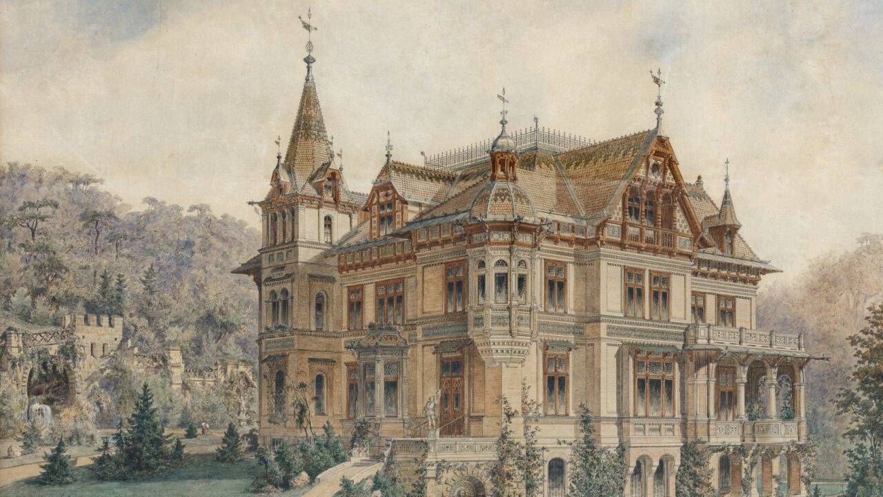 Villa Gutmann, gezeichnet um 1885 von einem unbekannten Künstler. 