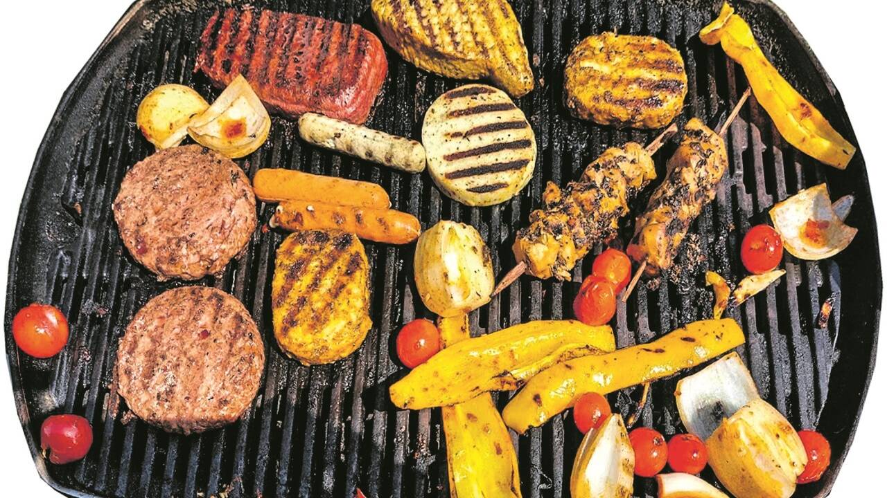 Hier ist kein Fleisch am Rost: V.l. Die Fleischlaibchen, Steak (rot durch Rote-Rübensaft), Würstel, Hühnerfilet (klein), Schweine/Hühnerfilet (größer), Grillkäse (rund) und die Spieße.  