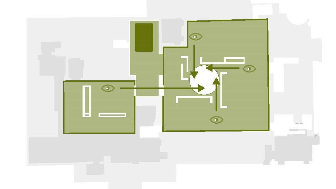 Plan von Untergeschossen in der Neuen Residenz: Links die bereits bestehende Kunsthalle des Salzburg Museums unter dem 1. Hof, rechts die künftigen Räume fürs Belvedere im 2. Hof, dazwischen ein neues Stiegenhaus. 