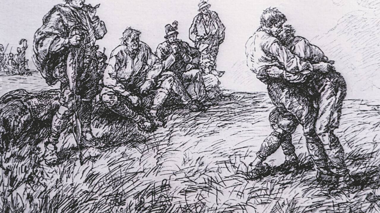Alter Holzstich vom Ranggeln auf dem Hundstein (1885) 