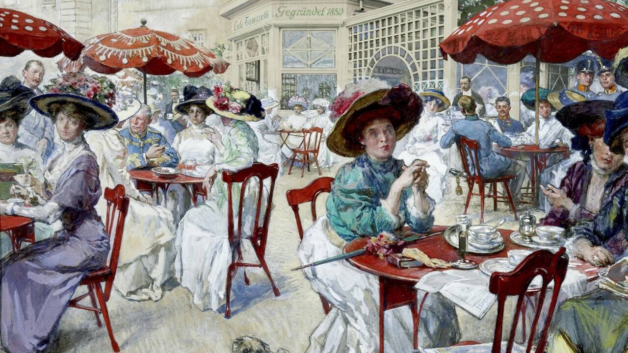 Kaffeegenuss im Salzburger Tomaselli- Kiosk anno 1910, festgehalten von Theodor Ethofer. Der aus Wien stammende Künstler galt als der malende Chronist des Salzburger Gesellschaftslebens.  