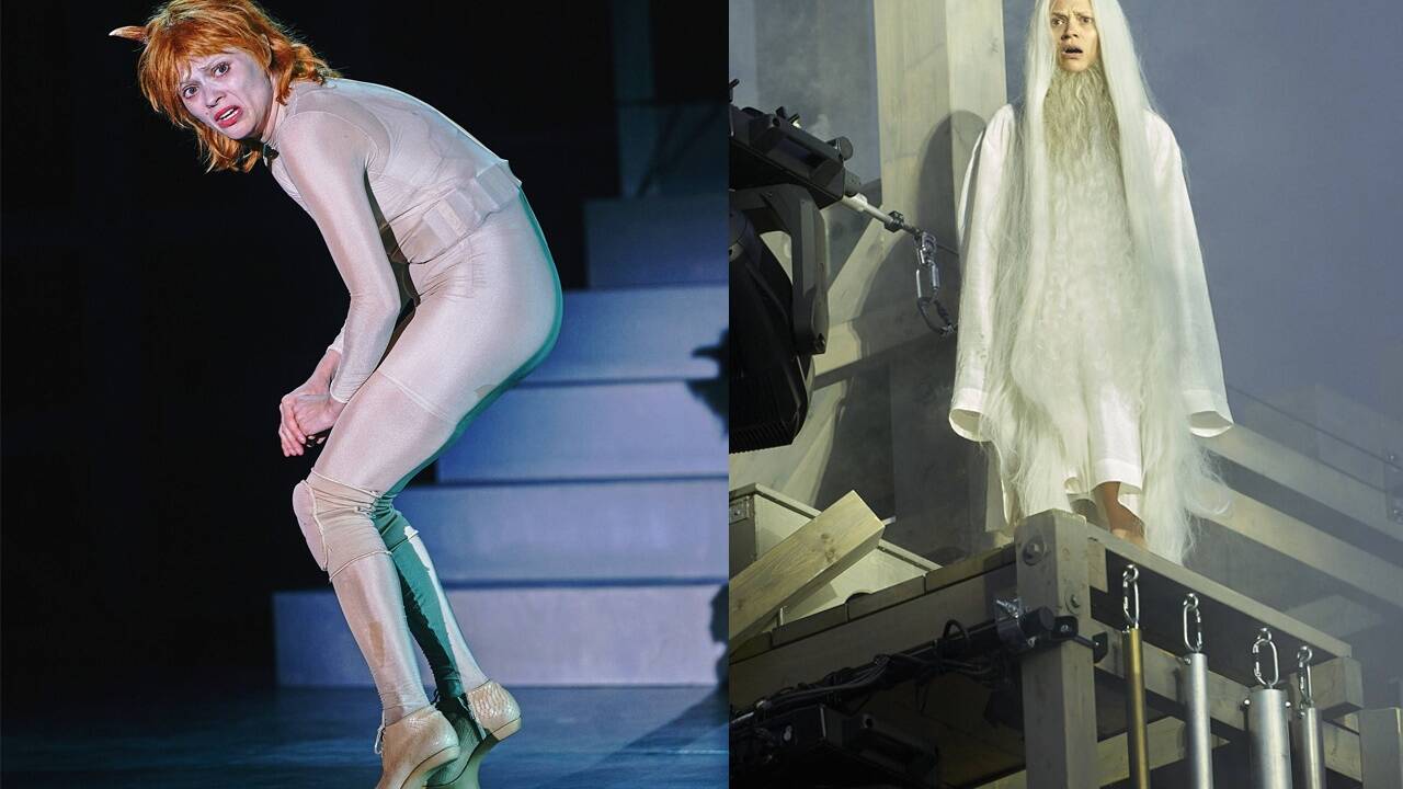 Links: Als Teufel im „Jedermann“ verloren und witzig: Mavie Hörbiger. Rechts: der zürnende Gott.  