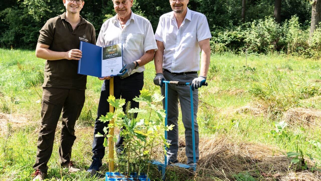 Jetzt wird Baum um Baum gepflanzt: Lukas Schmalzbauer („wald4leben“) sowie die Geschäftsführer Tassilo Gruber und Erwin Negeli von der Modelleisenbahn GmbH. 