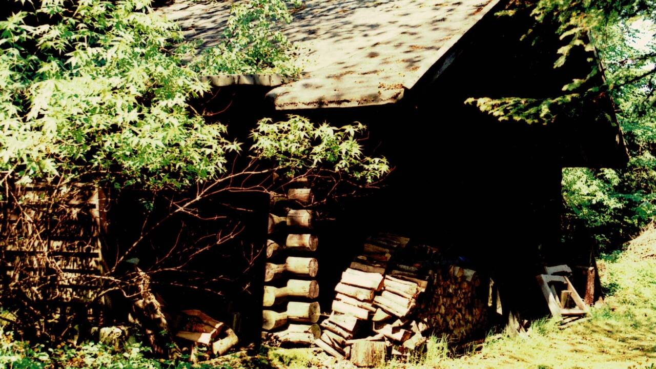 Eine Holzhütte am Anwesen der Loritz-Villa. 