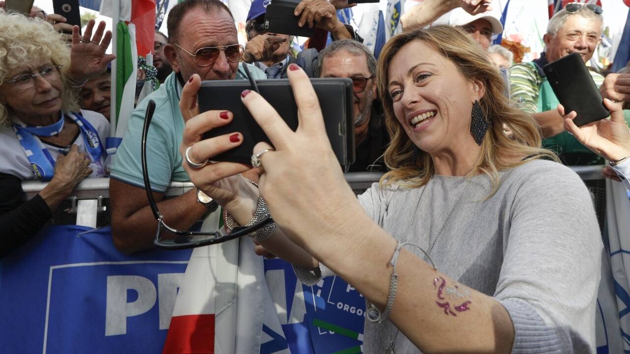 Giorgia Meloni führt die postfaschistische Partei „Brüder Italiens“, die stärkste Partei werden könnte. Giorgia Meloni führt die postfaschistische Partei „Brüder Italiens“, die stärkste Partei werden könnte.