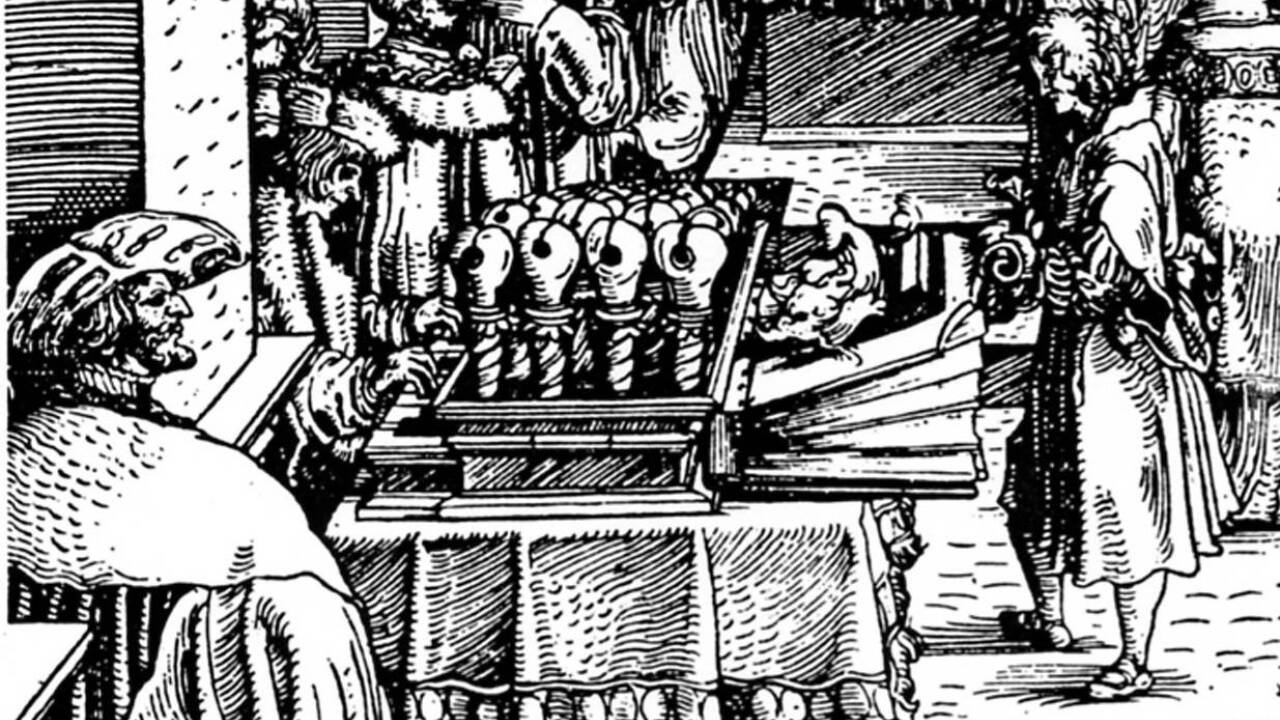Detail aus dem Holzschnitt von Hans Weiditz aus 1518: Das Apfelregal spielt vermutlich Paul Hofhaymer.  
