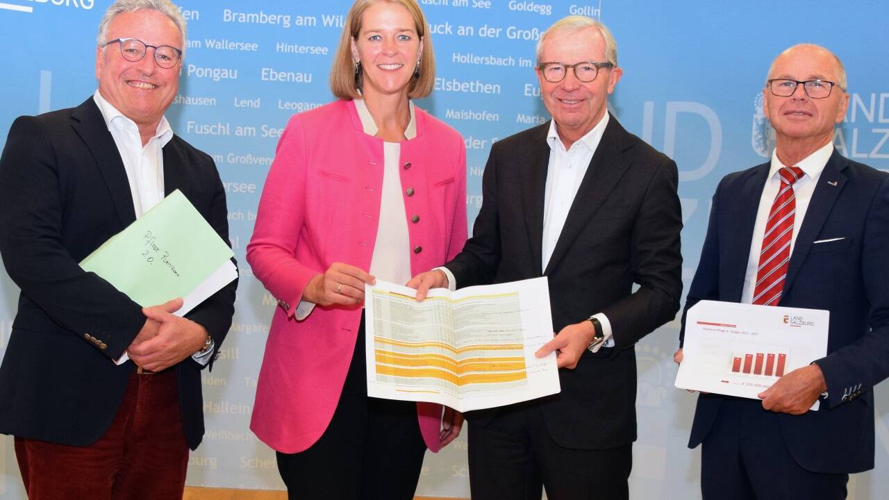 LH-Stv. Heinrich Schellhorn, LR Andrea Klambauer, LH Wilfried Haslauer und LH-Stv. Christian Stöckl präsentierten das Maßnahmenpaket.   LH-Stv. Heinrich Schellhorn, LR Andrea Klambauer, LH Wilfried Haslauer und LH-Stv. Christian Stöckl präsentierten das Maßnahmenpaket.