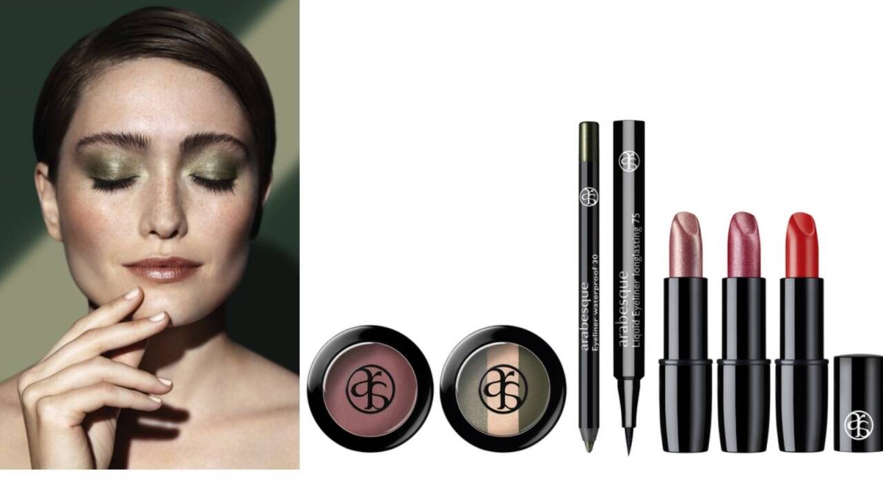 Shine bright, der Herbstlook von arabesque, hat Grün zur Trendfarbe erkoren. Die Lippen leuchten in Statement Red oder schimmernden Metallicfarben. 