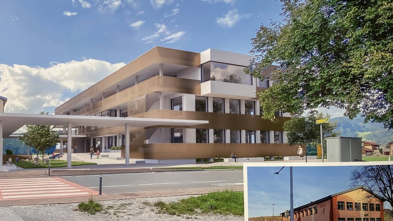 Neu und alt: So wird die Volksschule Adnet nach der Fertigstellung im Jahr 2025 aussehen; kleines Bild: die 1974 errichtete Schule. 