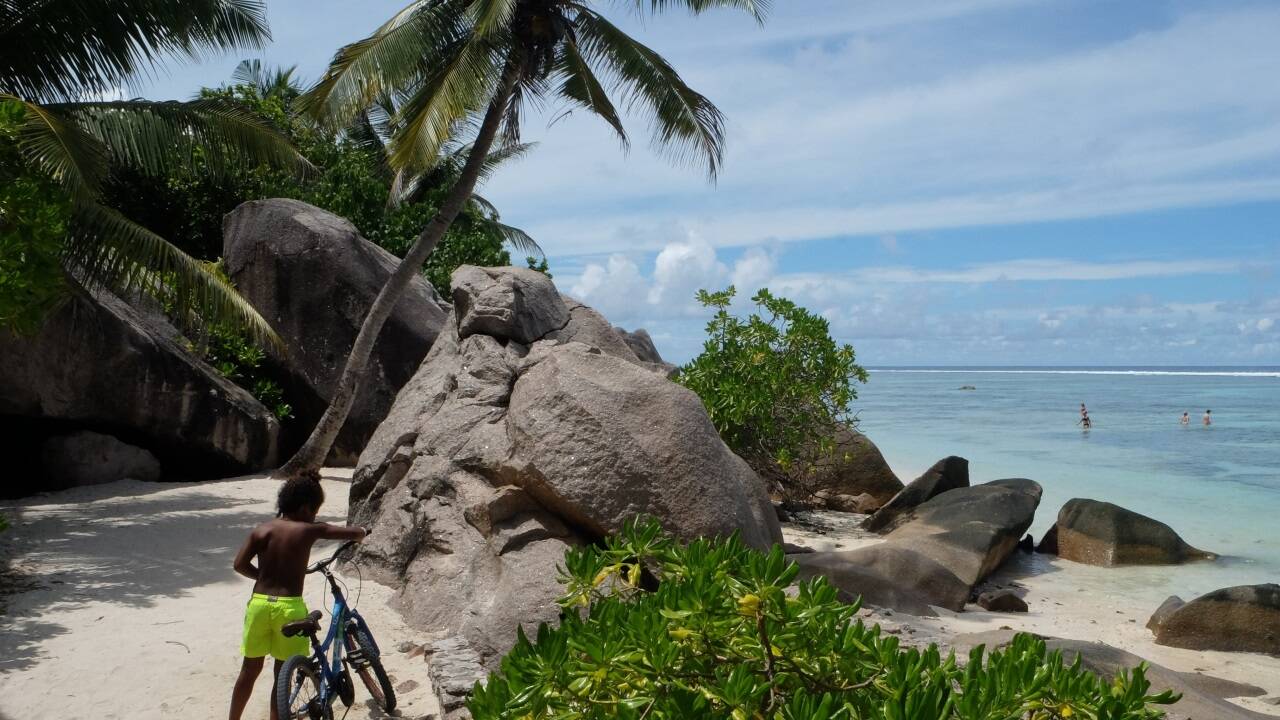 Zu La Digues Stränden, wie hier der Anse Source d’Argent, geht’s per Fahrrad.  