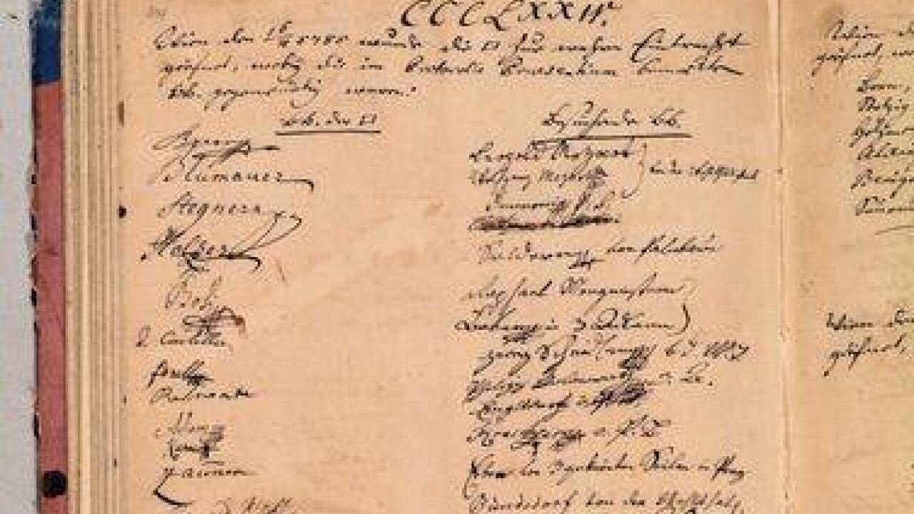 Die Mozarts: Präsenzprotokoll der Loge „Zur wahren Eintracht“ in Wien mit den Einträgen der Besucher Leopold und Wolfgang Amadeus Mozart (rechte Spalte oben). 