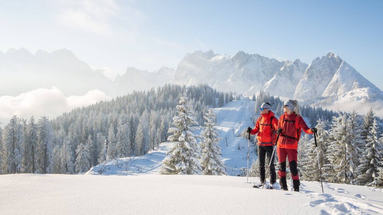 Der Gosaukamm ist eine Bilderbuchkulisse für Skitouren im Skigebiet Dachstein-West, wo neben der Hornspitzbahn in Rußbach eine eigene Aufstiegsspur angelegt wurde.  