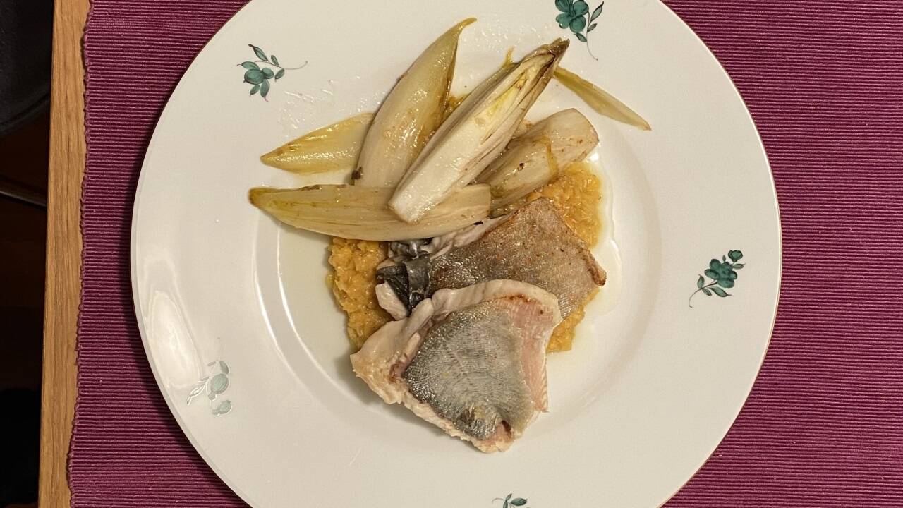 Saiblingsfilet mit Chicoree und mediterranen Linsen. 