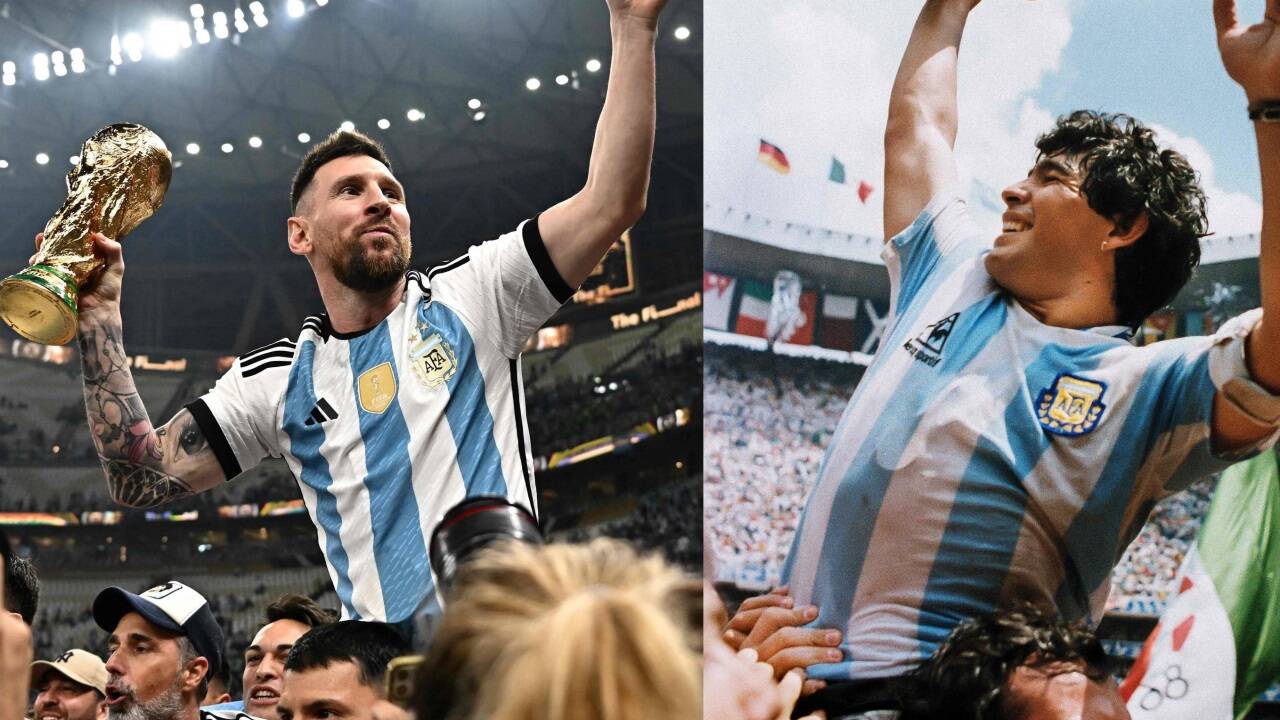 Geschichte wiederholt sich: links Lionel Messi 2022, rechts Diego Maradona 1986. Geschichte wiederholt sich: links Lionel Messi 2022, rechts Diego Maradona 1986.