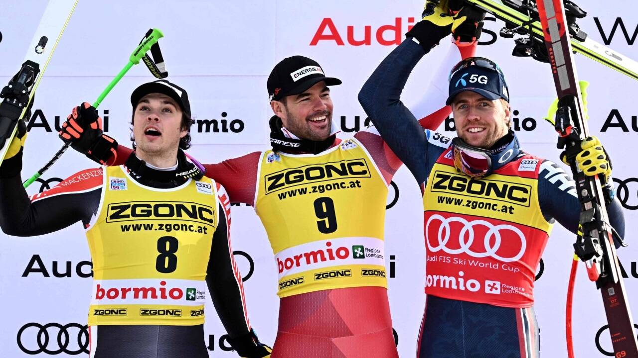 James Crawford (2./CAN), Vincent Kriechmayr (1./AUT) und Aleksander Aamodt Kilde (3./NOR). 