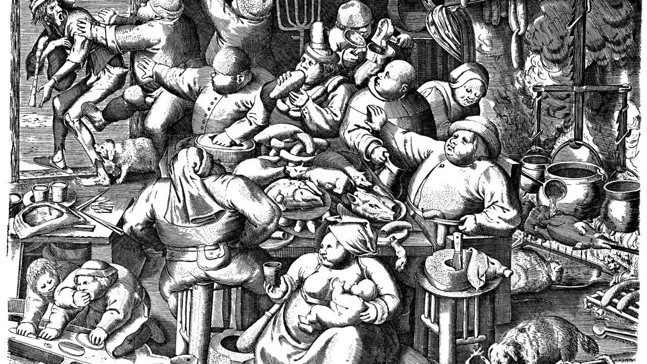 „Die fette Küche“ von Pieter Bruegel dem Älteren von 1563, unter anderem in der Bibliothèque Royale, Cabinet Estampes, Brüssel. 