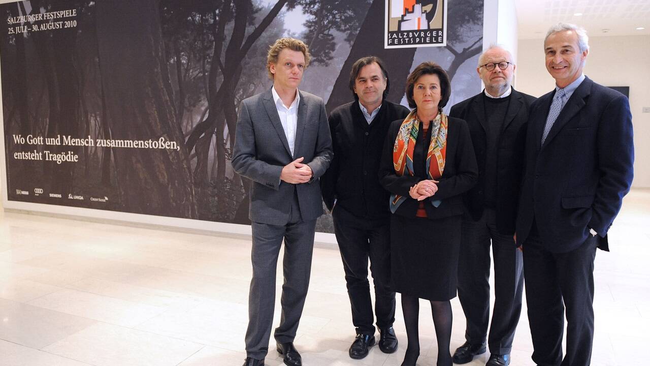 Pressekonferenz November 2009: Thomas Oberender, Markus Hinterhäuser, Helga Rabl-Stadler, Jürgen Flimm, Gerbert Schwaighofer.  