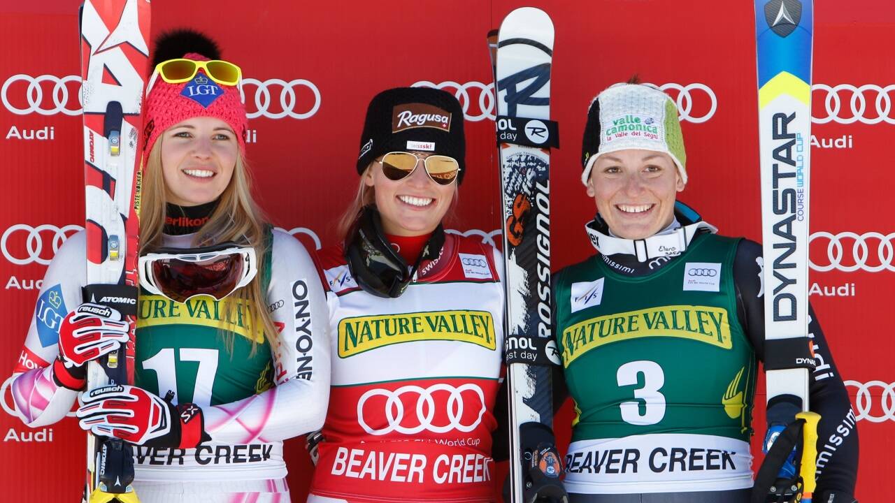 2013 in Beaver Creek: Tina Weirather (LIE), Lara Gut (SUI) und Elena Fanchini (ITA) gemeinsam auf dem Stockerl in der Abfahrt. 