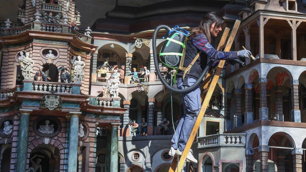 Mit einem auf den Rücken geschnallten Staubsauger, das Saugrohr in der einen Hand, einen Pinsel in der anderen, steht Katharina Kohler auf der Leiter.  