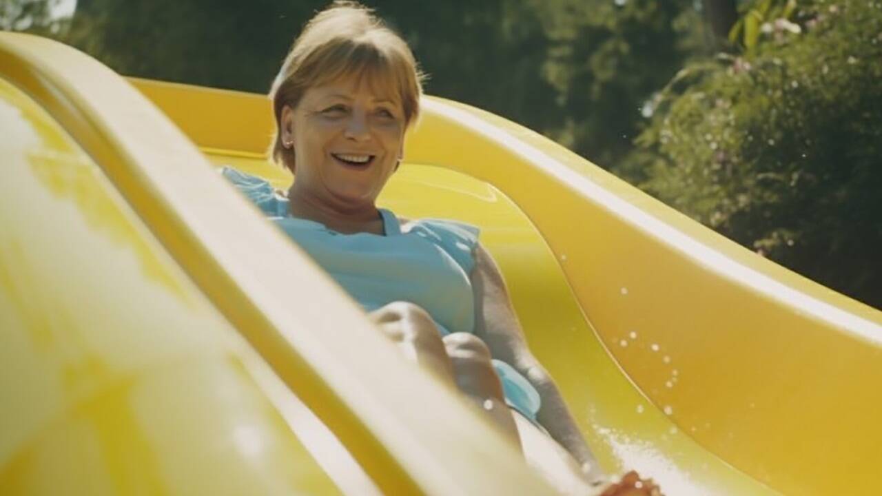 Die deutsche Ex-Kanzlerin Angela Merkel vergnügt sich fröhlich auf einer Wasserrutsche. Die deutsche Ex-Kanzlerin Angela Merkel vergnügt sich fröhlich auf einer Wasserrutsche.
