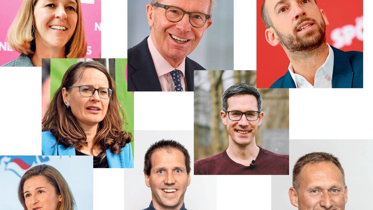 Die acht Spitzenkandidaten und -kandidatinnen (von links oben nach rechts unten): Andrea Klambauer, Wilfried Haslauer, David Egger, Martina Berthold, Kay-Michael Dankl, Marlene Svazek, Patrick Prömer und Gerhard Pöttler.  