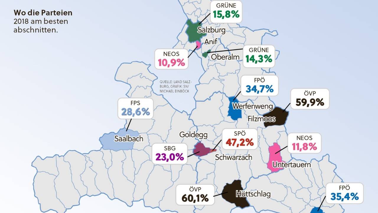 In welchen Orten die einzelnen Parteien bei der Landtagswahl 2018 am besten abgeschnitten haben. 