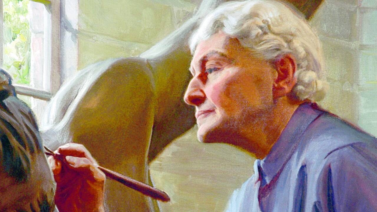 Anna Hyatt Huntington bei der Arbeit, gemalt von Herbert Bohnert (1890–1967). Das Bild wurde vom US-Skulpturenpark „Brookgreen Gardens“ in South Caroline zur Verfügung gestellt.  