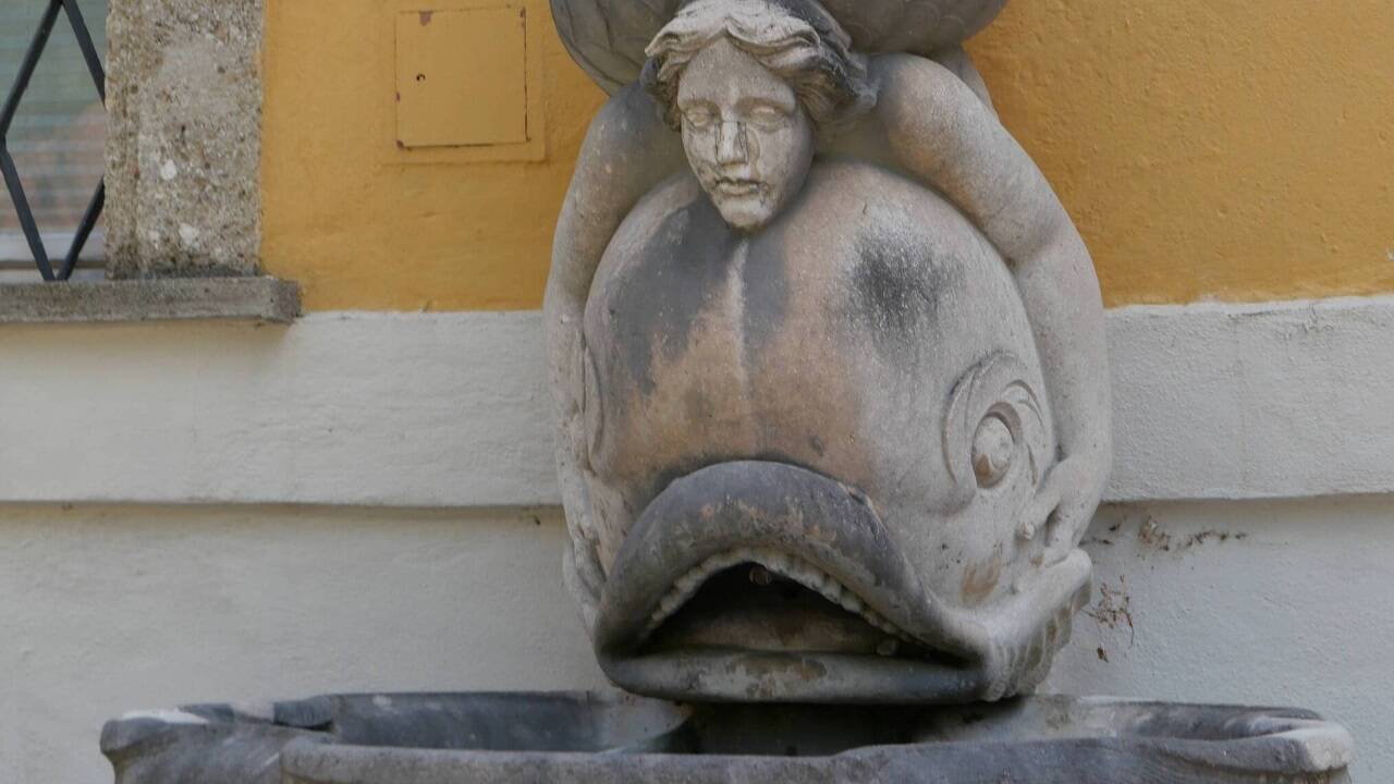 Dieser Delfinbrunnen ist ein Schmuckstück.  