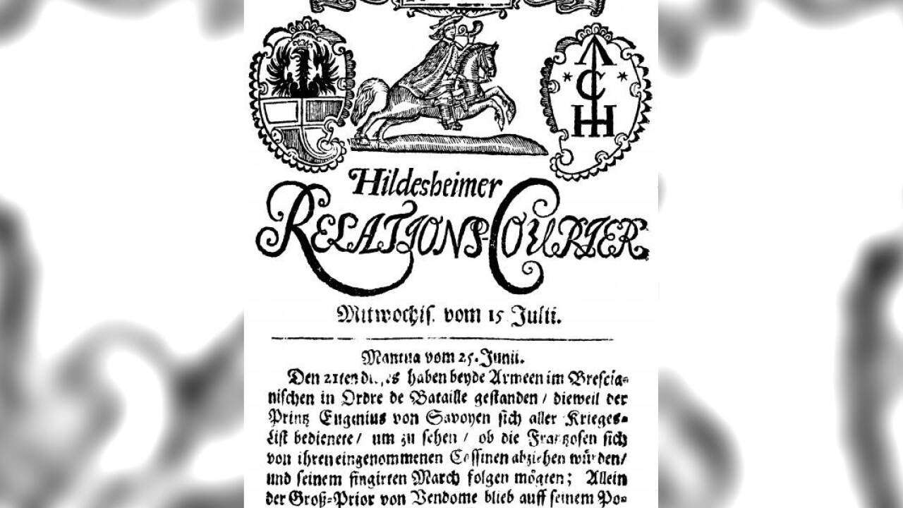 Die Titelseite des „Hildesheimer Relations-Couriers“ von 1705. Die Titelseite des „Hildesheimer Relations-Couriers“ von 1705.
