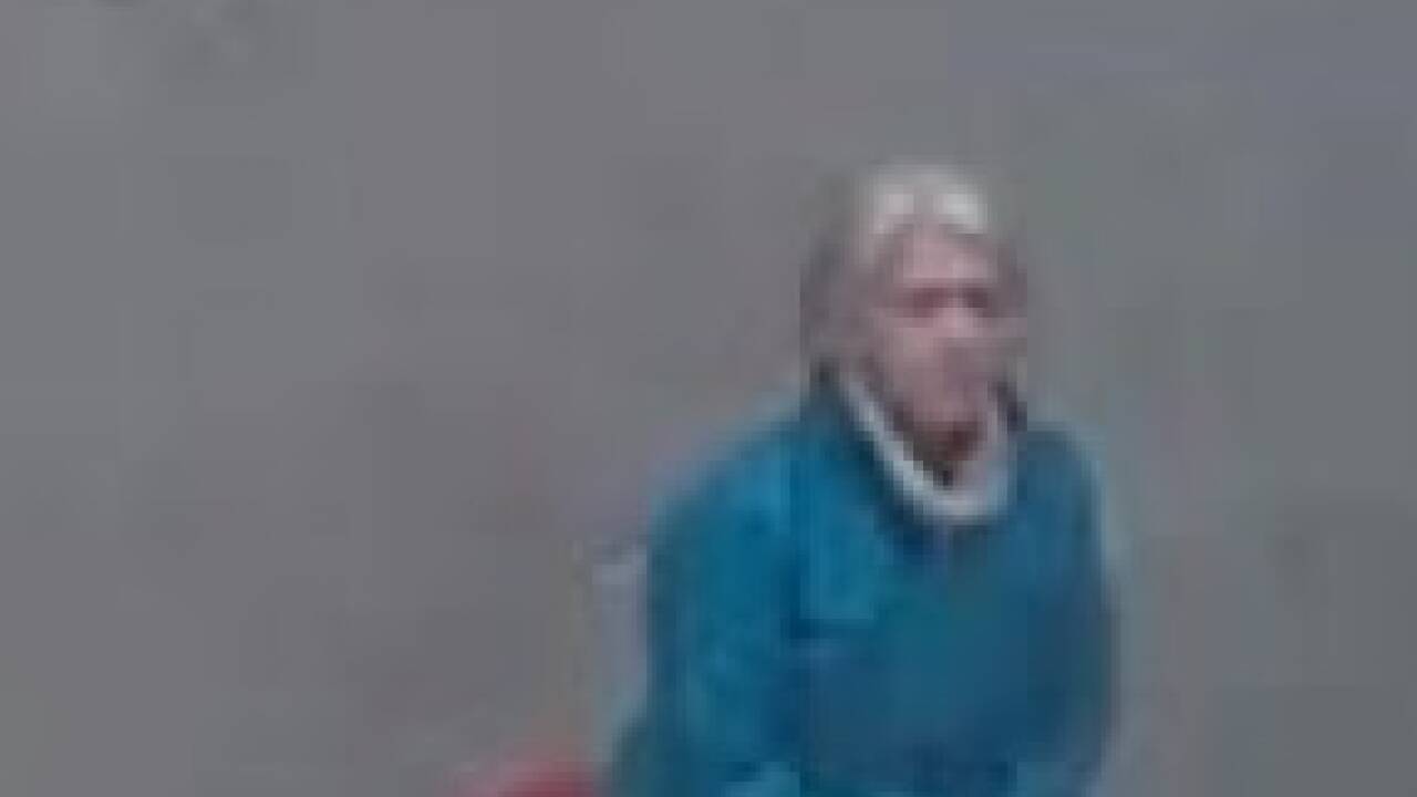 Überwachungskameras zeigen Bilder einer Frau mit blauer Jacke, die auf dem Koffer sitzt.  