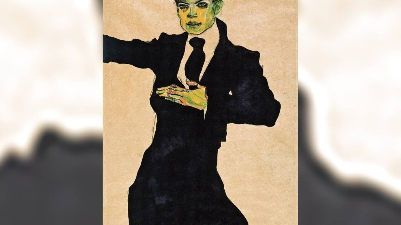 Egon Schiele 1890–1918 Der Maler Max Oppenheimer, 1910 Aquarell, Tinte, schwarze Kreide auf Papier, 45,1 × 29,8 cm Albertina, Wien.  
