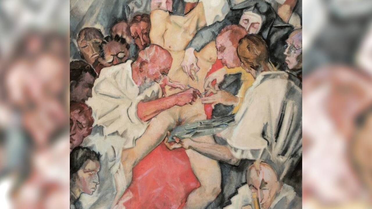 Max Oppenheimer 1885–1954 Operation, 1951 Öl auf Leinwand, auf Holz aufgezogen | 125 × 110 cm Sammlung Oesterreichische Nationalbank. 