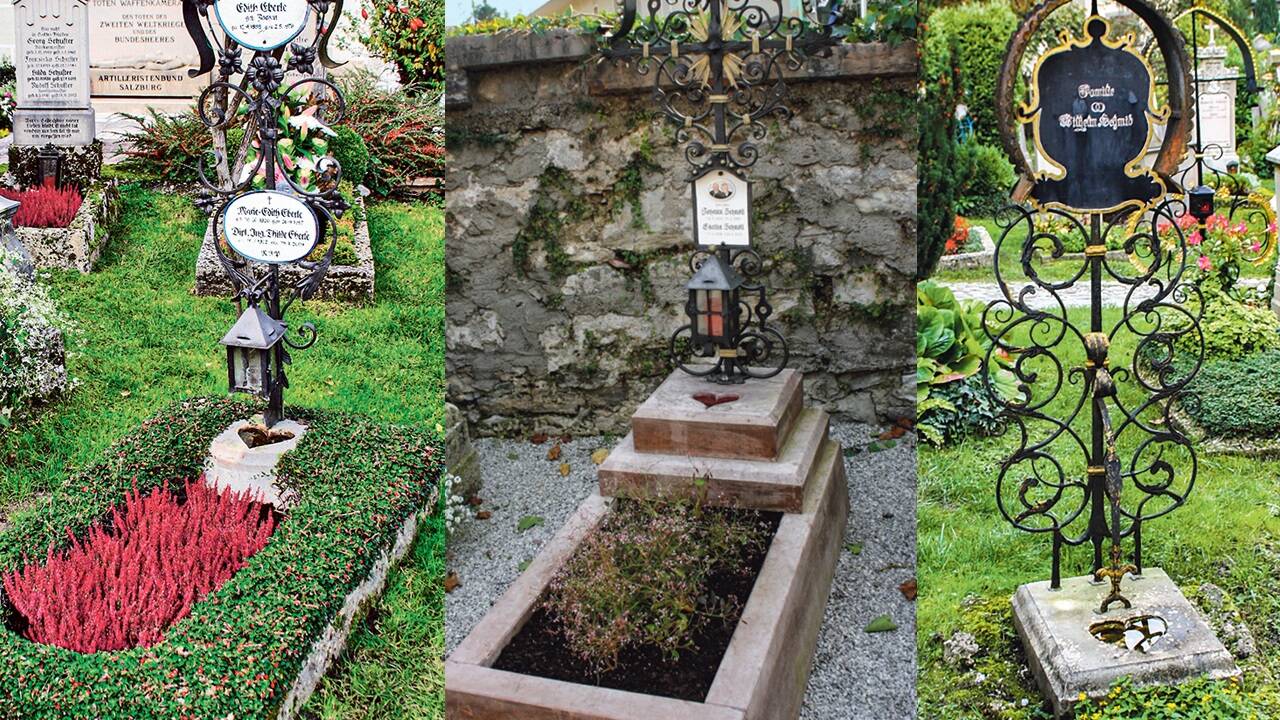 Bild links: Kreuz und Herzerlstein von Familie Eberle mit Grabeinfassung, Salzburger Petersfriedhof. Bild mitte: Neues Grab von Familie Schnöll mit Wänden und IHS-Inschrift, Bad Vigaun. Bild rechts: Kreuz von Familie Schmid mit dem Herzerlstein ohne Grabeinfassung auf dem Salzburger Petersfriedhof.  