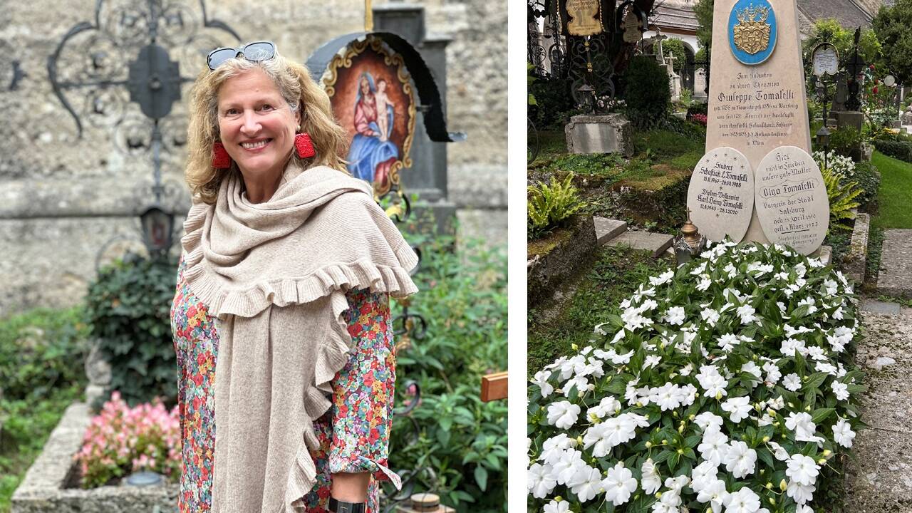 Bild links: Inez Reichl-de Hoogh kennt Salzburg in vielen Facetten und Details. Bild rechts: Das Grabmal der Tomasellis, einer einflussreichen Salzburger Familie. 