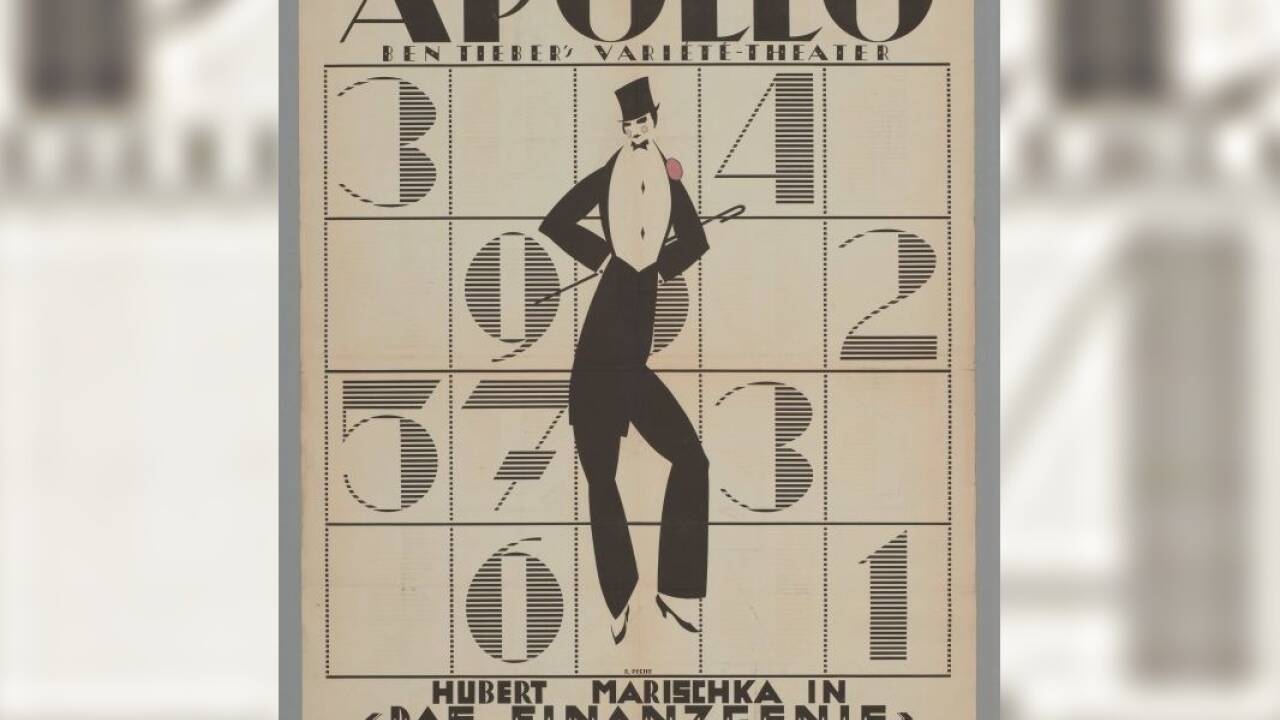 Theaterplakat zu 'Das Finanzgenie'<br />Entwurf: Dagobert Peche / Wiener Werkstätte, Ben Tiebers Apollo Varieté-Theater,<br />Dezember 1915. 