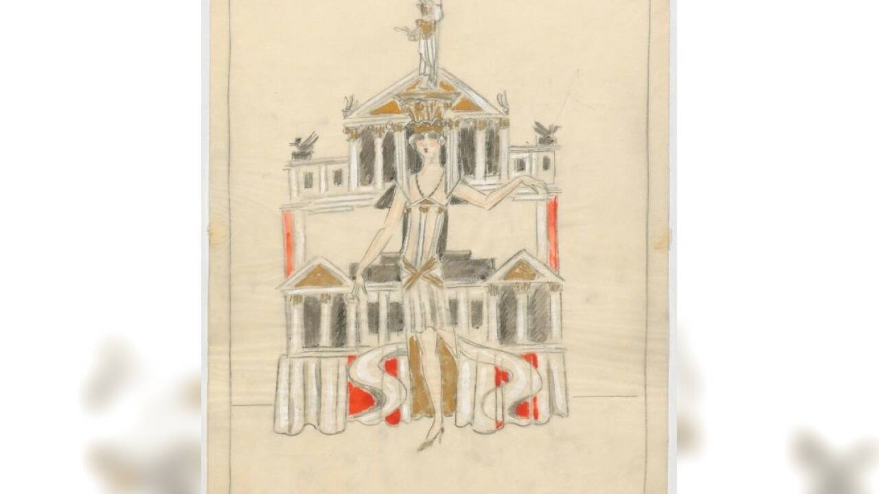 Figurine „Parlament“ zur Ausstattungsrevue „Alles aus Liebe“ (Karl Farkas, Ernst Marischka, Musik: Ralph Benatzky), Kostümentwurf: Stella Junker-Weißenberg, Wiener Stadttheater, 1928.<br /> 