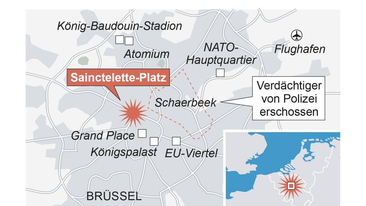 Polizeiermittler am Montagabend am Tatort am Sainctelette-Platz in Brüssel unweit des Stadtzentrums. 