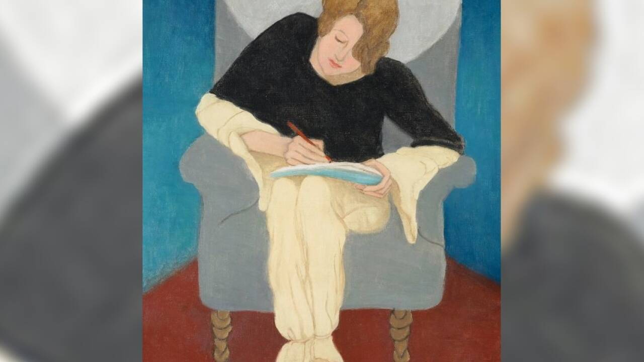 GABRIELE MÜNTER 1877–1962, Dame im Sessel, schreibend, 1929, Öl auf Leinwand | 61,5 × 46,2 cm, Gabriele Münter- und Johannes Eichner-Stiftung, München, Foto: Gabriele Münter- und Johannes Eichner-Stiftung, München, © Bildrecht, Wien 2023 GABRIELE MÜNTER 1877–1962, Dame im Sessel, schreibend, 1929, Öl auf Leinwand | 61,5 × 46,2 cm, Gabriele Münter- und Johannes Eichner-Stiftung, München, Foto: Gabriele Münter- und Johannes Eichner-Stiftung, München, © Bildrecht, Wien 2023