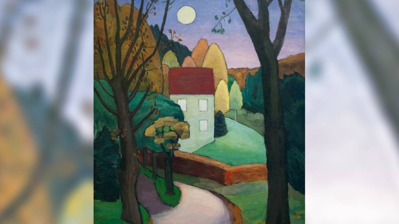 GABRIELE MÜNTER 1877–1962, Abendlandschaft mit weißem Mond, (Aufgehender Mond), 1940, Öl auf Leinwand | 85,4 × 60,5 cm, Museum Wiesbaden, Schenkung W. und M. Rick 2013, Foto: Museum Wiesbaden/Bernd Fickert<br />© Bildrecht, Wien 2023 GABRIELE MÜNTER 1877–1962, Abendlandschaft mit weißem Mond, (Aufgehender Mond), 1940, Öl auf Leinwand | 85,4 × 60,5 cm, Museum Wiesbaden, Schenkung W. und M. Rick 2013, Foto: Museum Wiesbaden/Bernd Fickert<br />© Bildrecht, Wien 2023