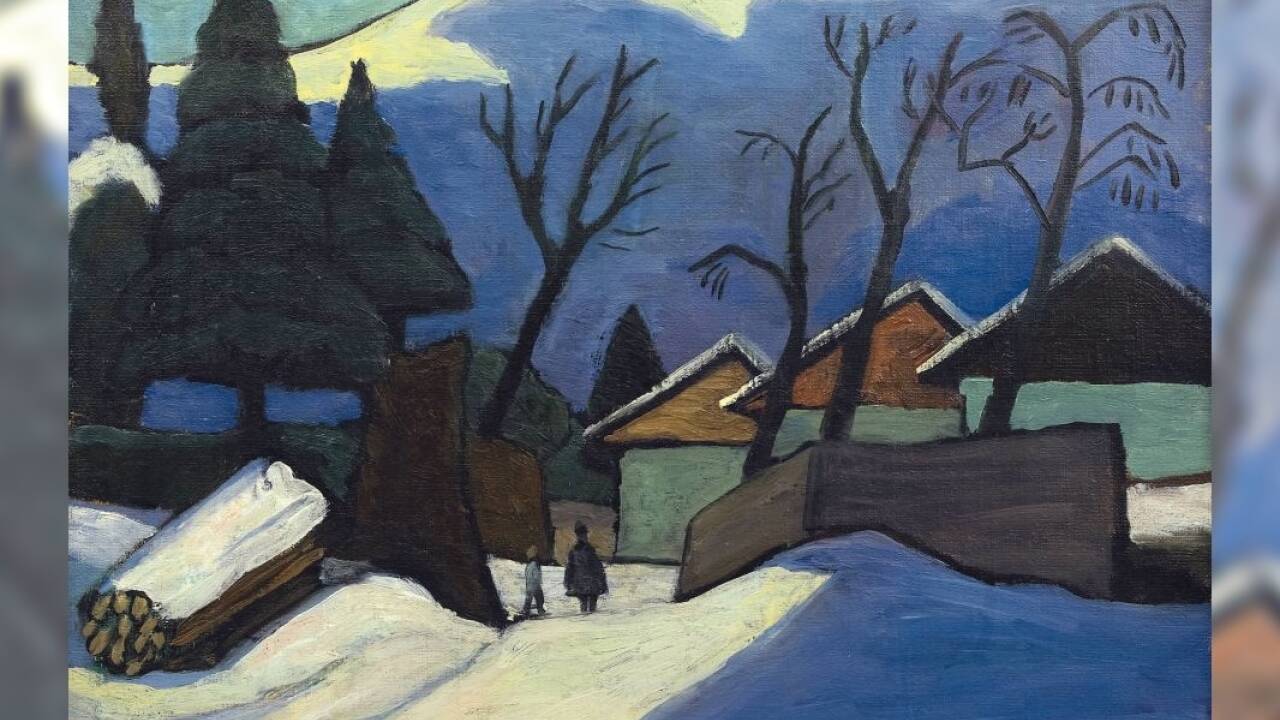 GABRIELE MÜNTER 1877–1962, Drei Häuser im Schnee, 1933, Öl auf Leinwand | 47 × 55,5 cm, Kunsthalle Bielefeld, Foto: Ingo Bustorf, © Bildrecht, Wien 2023 GABRIELE MÜNTER 1877–1962, Drei Häuser im Schnee, 1933, Öl auf Leinwand | 47 × 55,5 cm, Kunsthalle Bielefeld, Foto: Ingo Bustorf, © Bildrecht, Wien 2023