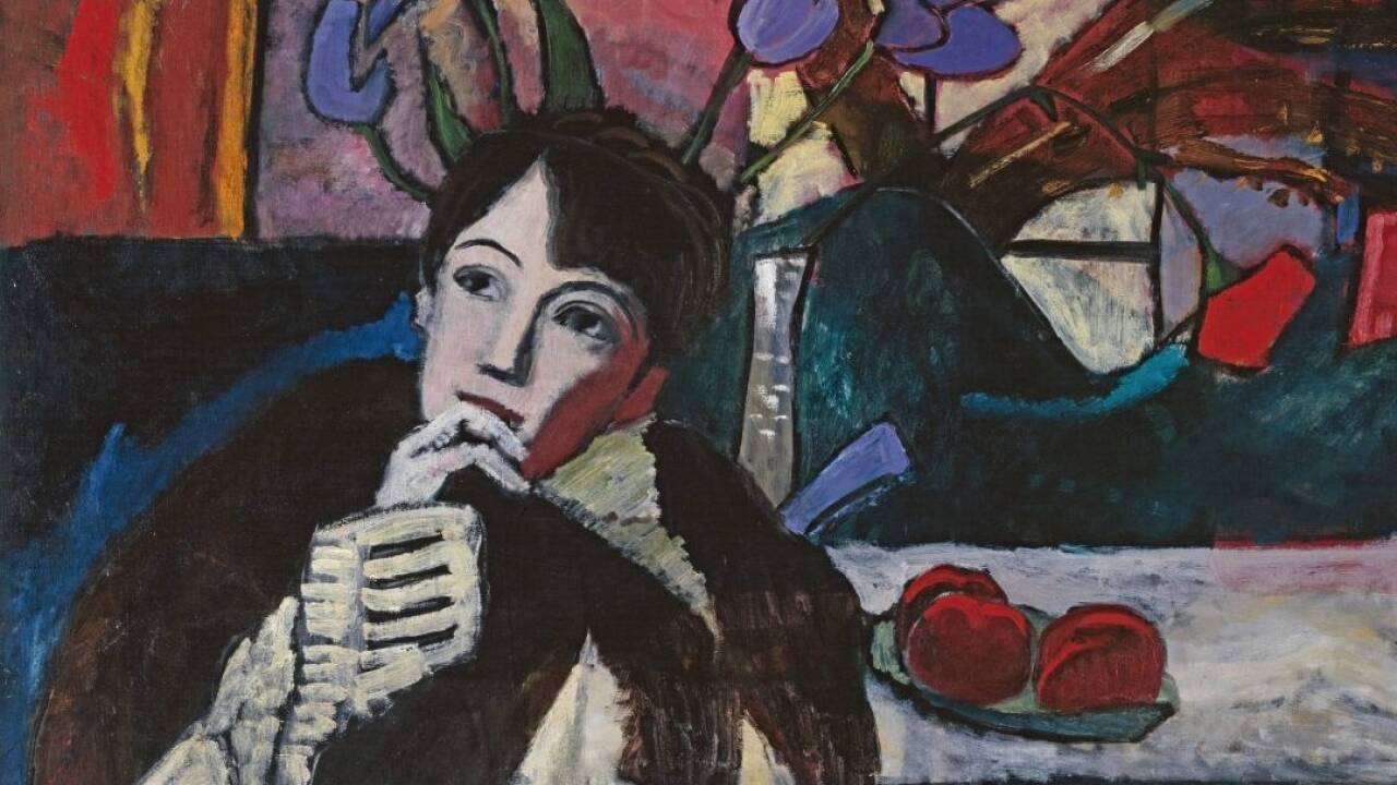 GABRIELE MÜNTER 1877–1962, Sinnende, 1917, Öl auf Leinwand | 66 × 99,5 cm, Städtische Galerie im Lenbachhaus und Kunstbau München, Foto: Städtische Galerie im Lenbachhaus und Kunstbau München,<br />Gabriele Münter Stiftung 1957<br />© Bildrecht, Wien 2023 GABRIELE MÜNTER 1877–1962, Sinnende, 1917, Öl auf Leinwand | 66 × 99,5 cm, Städtische Galerie im Lenbachhaus und Kunstbau München, Foto: Städtische Galerie im Lenbachhaus und Kunstbau München,<br />Gabriele Münter Stiftung 1957<br />© Bildrecht, Wien 2023