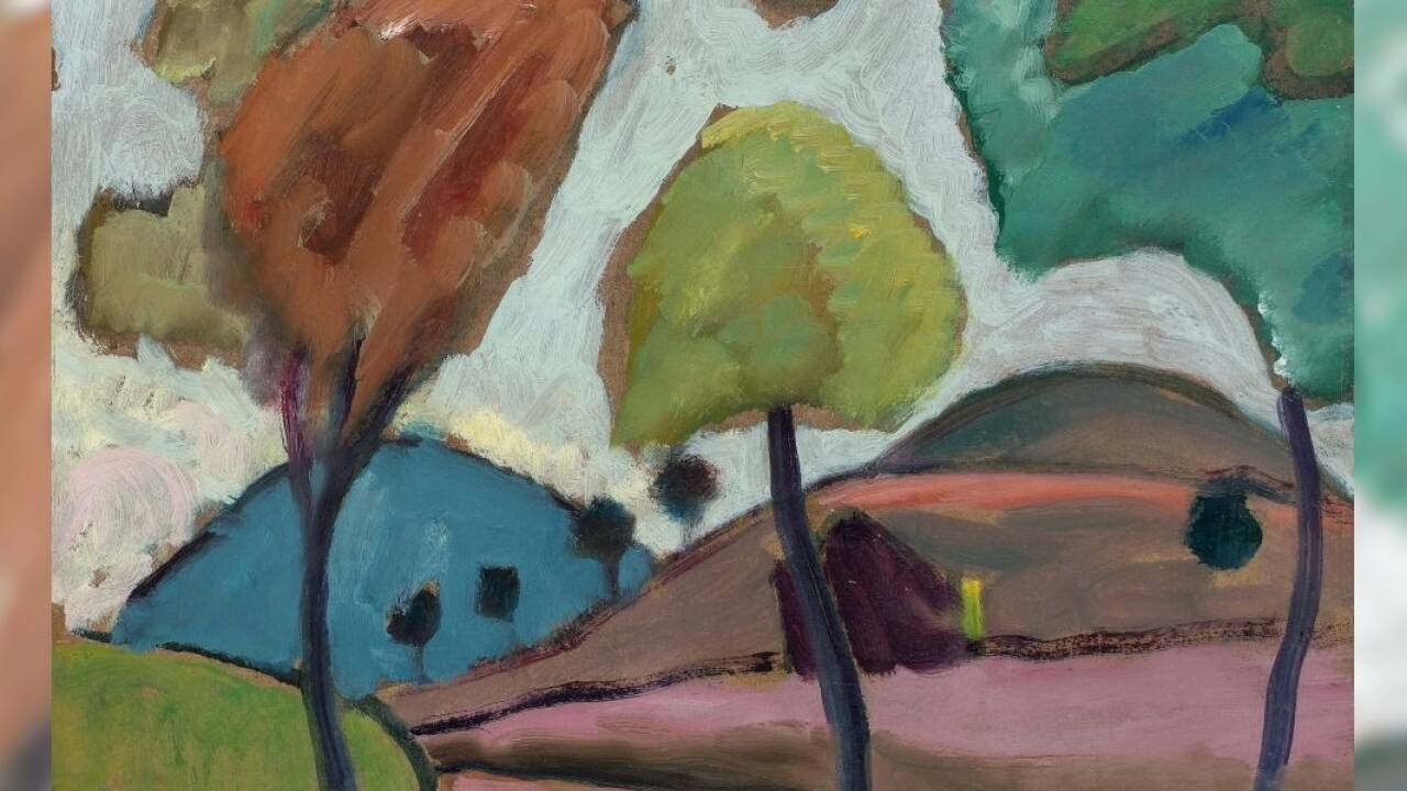 GABRIELE MÜNTER 1877–1962, Herbstliche Landstraße, 1910, Öl auf Karton | 32,7 × 40,7 cm, Privatsammlung, Foto: Grisebach GmbH, Berlin, © Bildrecht, Wien 2023 GABRIELE MÜNTER 1877–1962, Herbstliche Landstraße, 1910, Öl auf Karton | 32,7 × 40,7 cm, Privatsammlung, Foto: Grisebach GmbH, Berlin, © Bildrecht, Wien 2023