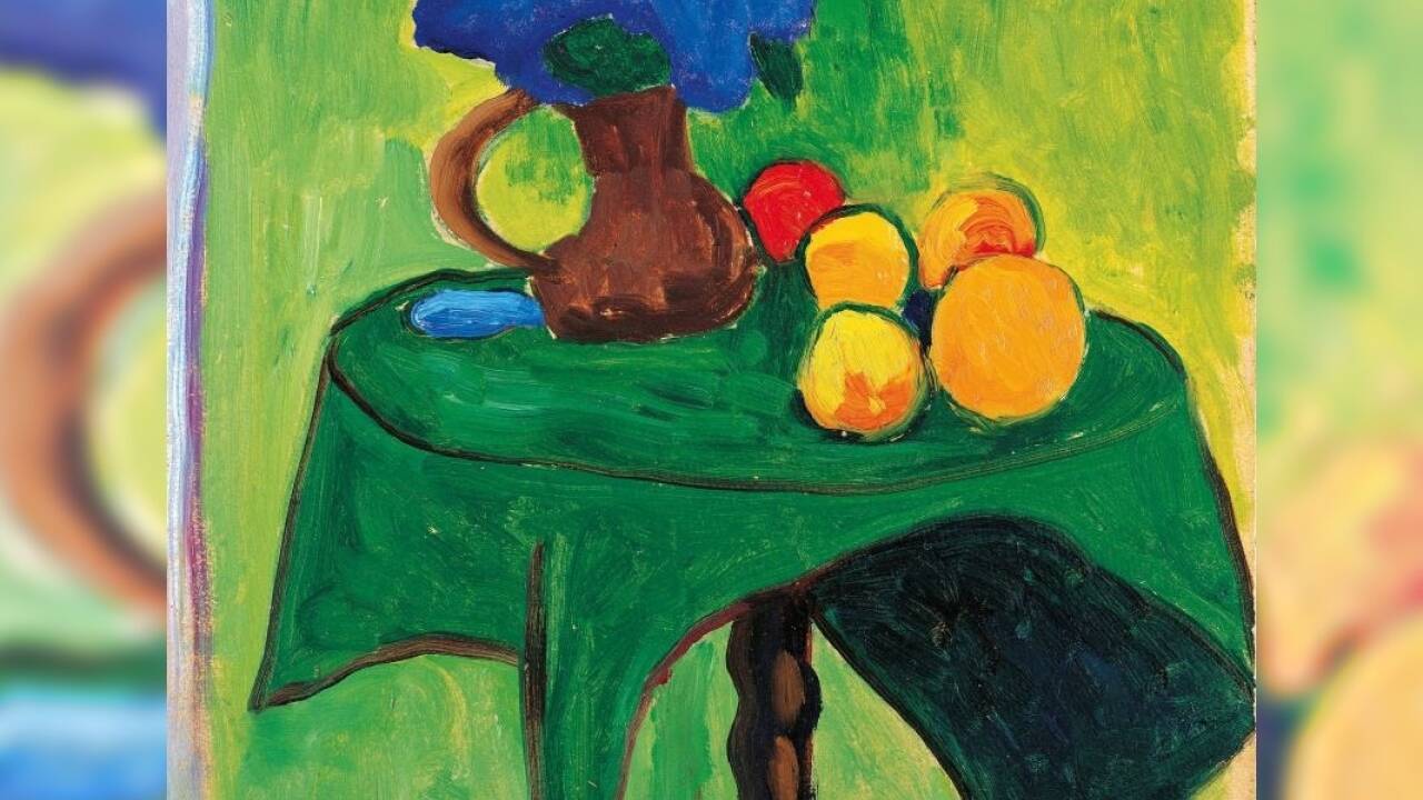 GABRIELE MÜNTER 1877–1962, Früchte und Blumen, 1909, Öl auf Karton | 32,5 x 33,5 cm, ALBERTINA, Wien - Sammlung Batliner, Foto: ALBERTINA, Wien - Sammlung Batliner<br />© Bildrecht, Wien 2023 GABRIELE MÜNTER 1877–1962, Früchte und Blumen, 1909, Öl auf Karton | 32,5 x 33,5 cm, ALBERTINA, Wien - Sammlung Batliner, Foto: ALBERTINA, Wien - Sammlung Batliner<br />© Bildrecht, Wien 2023