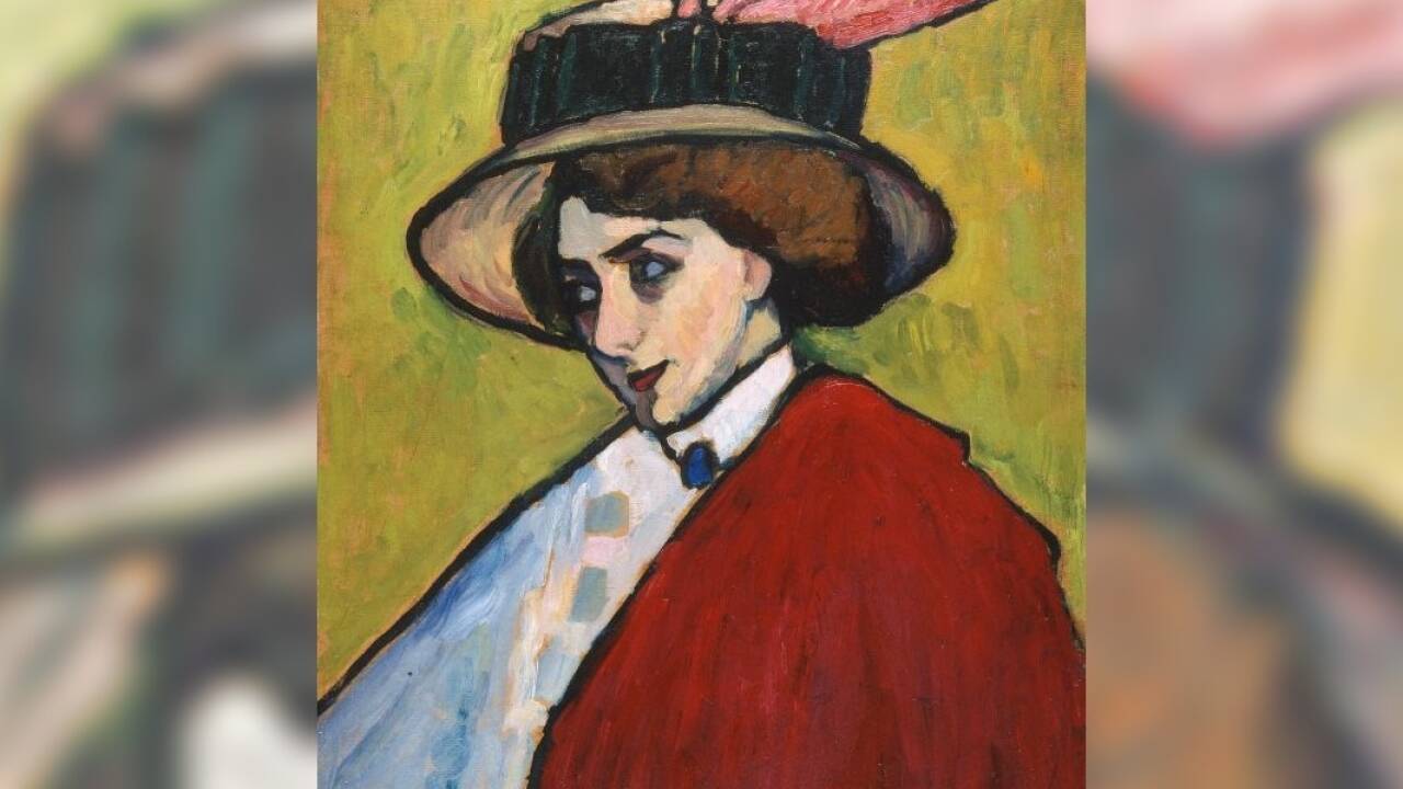 GABRIELE MÜNTER 1877–1962, Bildnis einer jungen Dame mit großem Hut (Polin), 1909<br />Öl auf Karton | 70 × 50 cm, Privatsammlung. Dauerleihgabe in The Courtauld, London, <br />Foto: Private Collection. On long-term loan to The Courtauld, London/Bridgeman Images<br />© Bildrecht, Wien 2023 GABRIELE MÜNTER 1877–1962, Bildnis einer jungen Dame mit großem Hut (Polin), 1909<br />Öl auf Karton | 70 × 50 cm, Privatsammlung. Dauerleihgabe in The Courtauld, London, <br />Foto: Private Collection. On long-term loan to The Courtauld, London/Bridgeman Images<br />© Bildrecht, Wien 2023